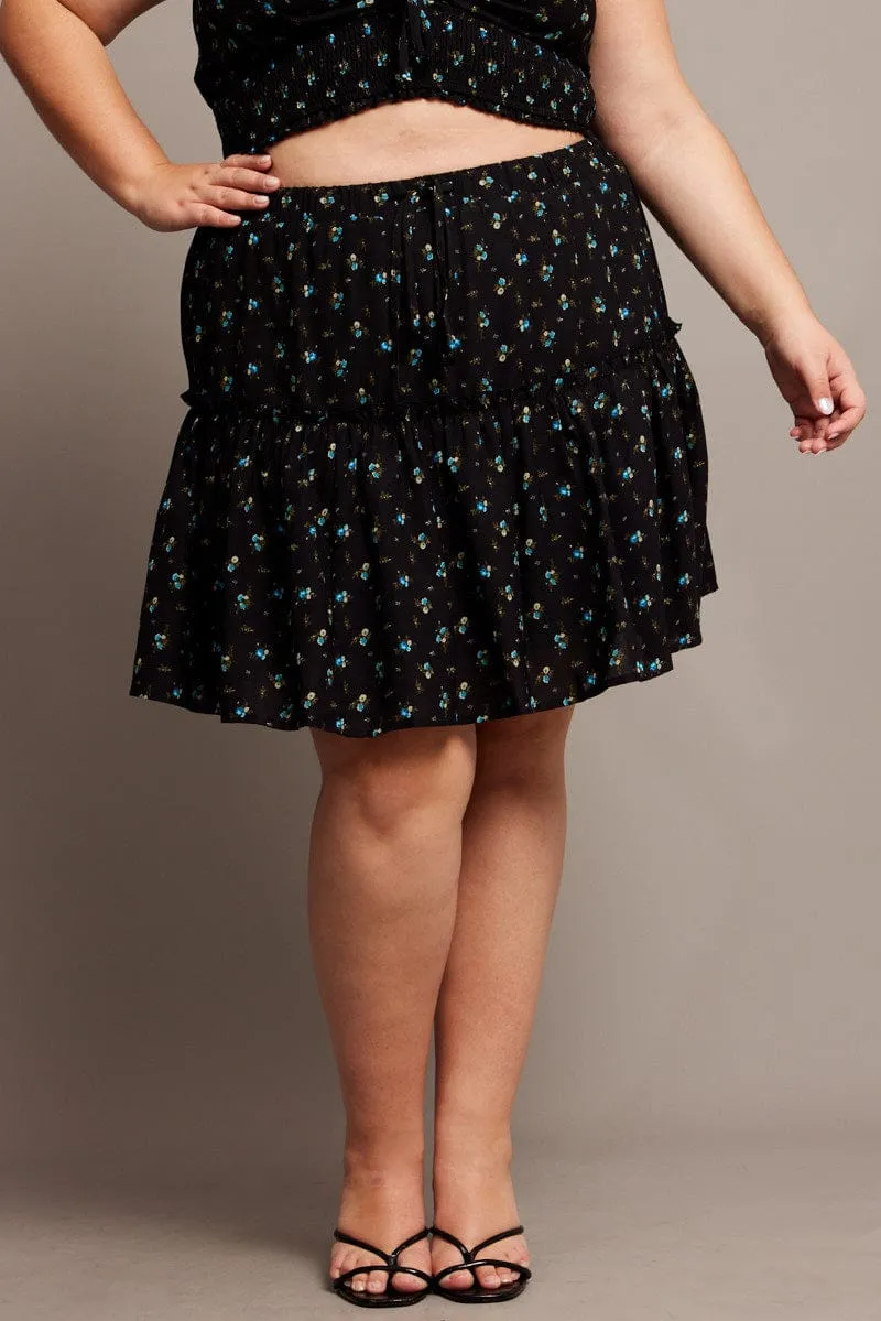 Black Ditsy Frill Hem Mini Skirt Summer Outfit natural fiber
