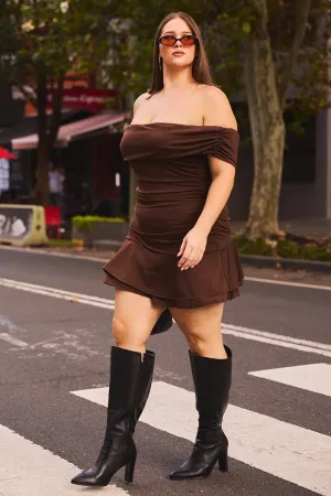 Brown Off Shoulder Ruffle Hem Mini Dress Fun casual mini Baddie Vibe