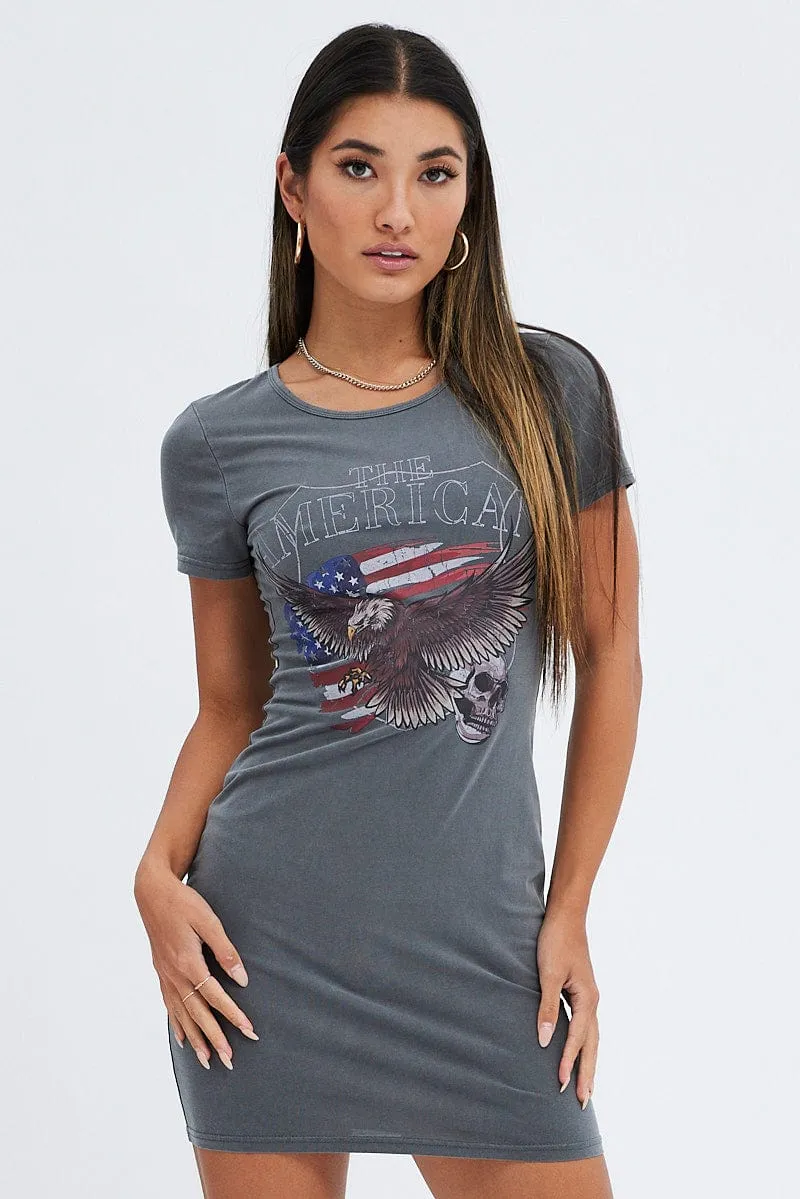 Quick Dry Technology Grey Mini Dress Sleeveless Scoop Neck Eagle Jersey