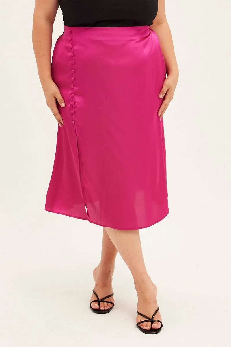 Gentle Vibe flared silhouette Pink Midi Skirt Satin Slip With Button Detail