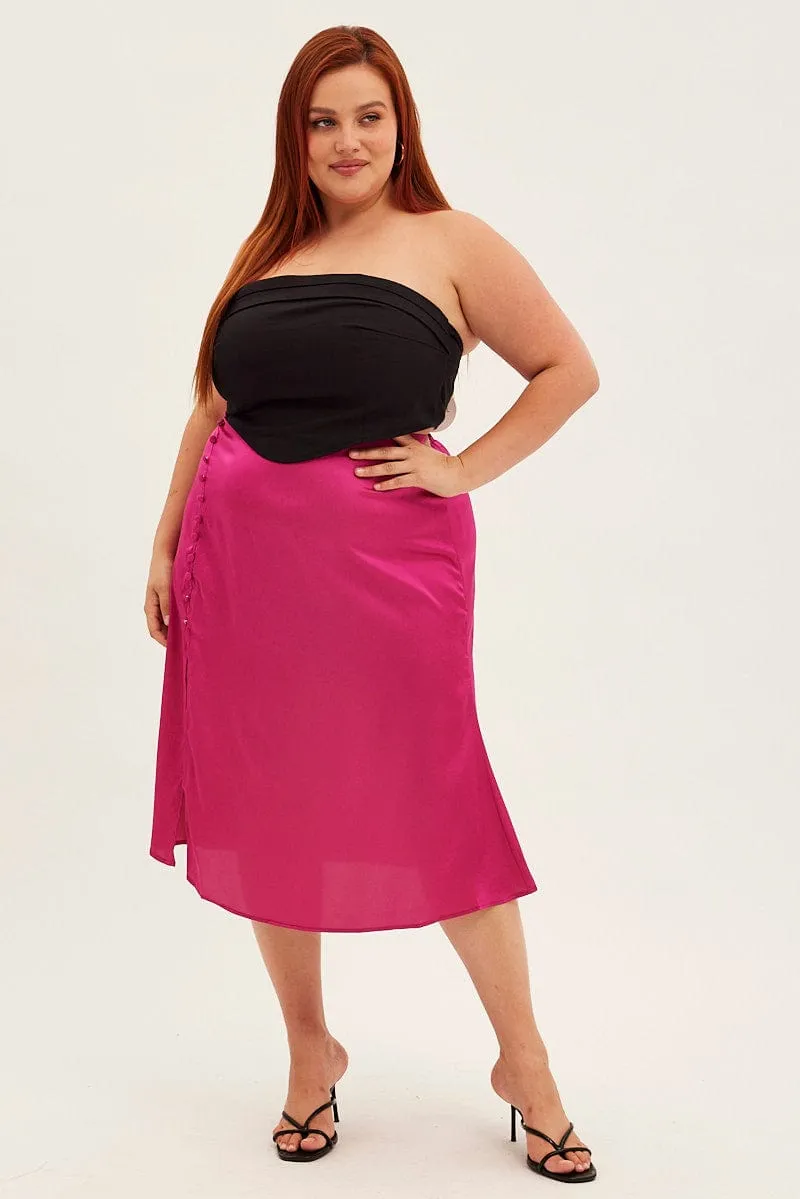 Seamless construction Pink Midi Skirt Satin Slip With Button Detail