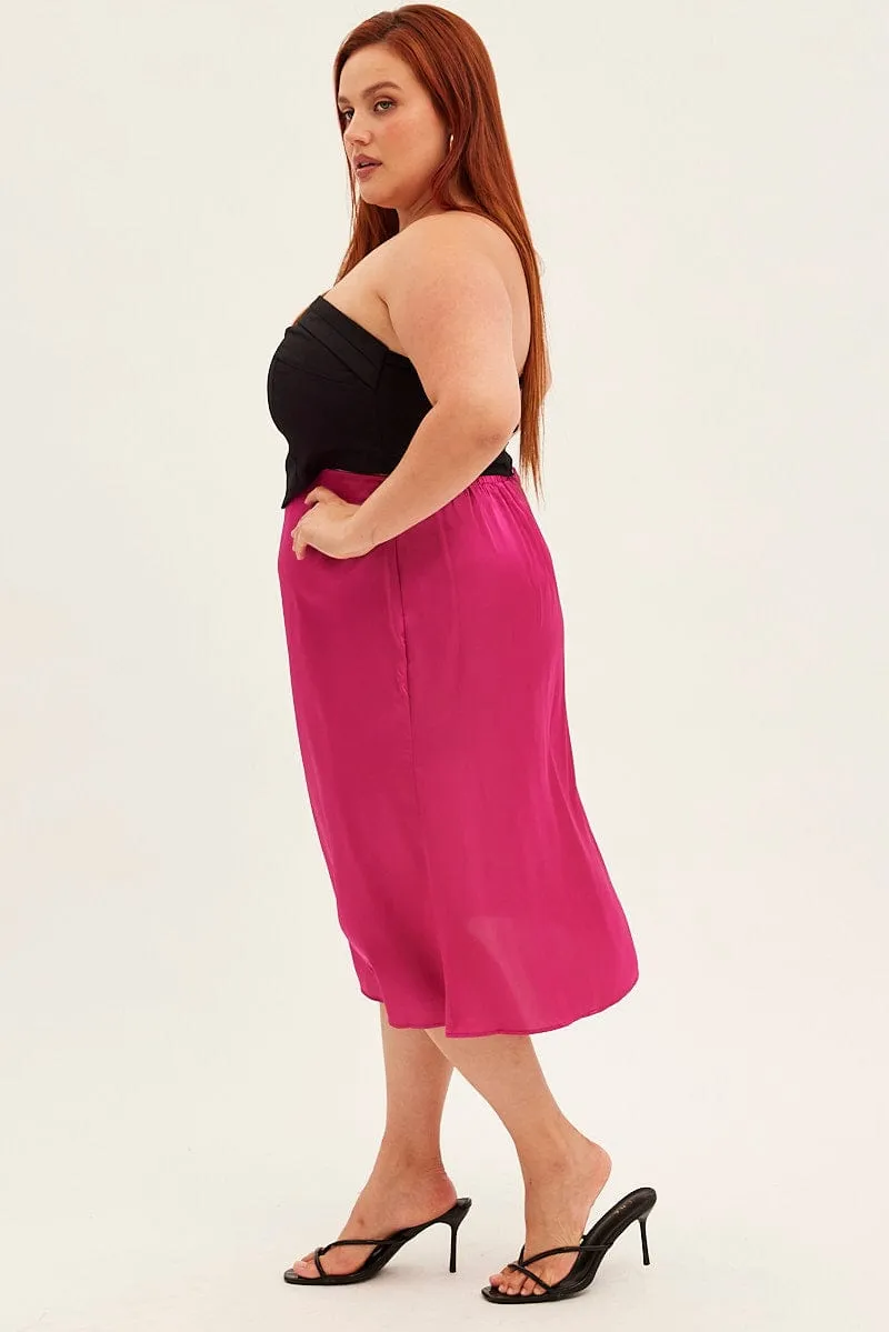 Curve Friendly Pink Midi Skirt Satin Slip With Button Detail
