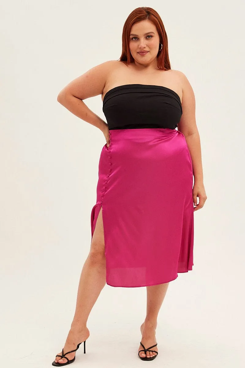 Pink Midi Skirt Satin Slip With Button Detail Layered Structure Weekend Look