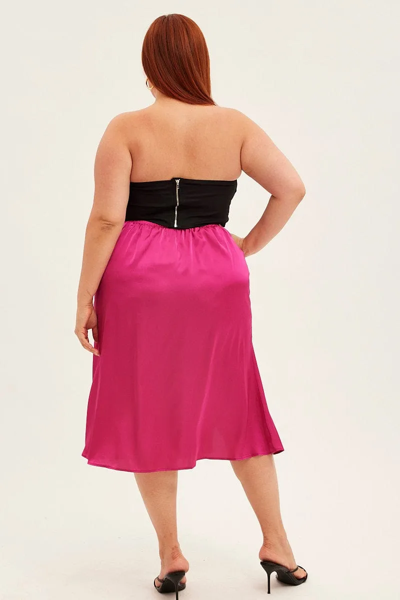 All Day Simple Fit Pink Midi Skirt Satin Slip With Button Detail