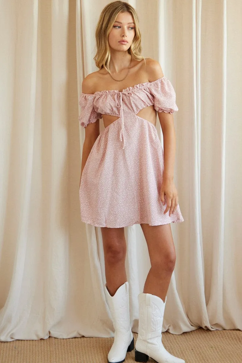 Geo Print Cut Out Dress Short Sleeve Mini Fire Glow Digital Core
