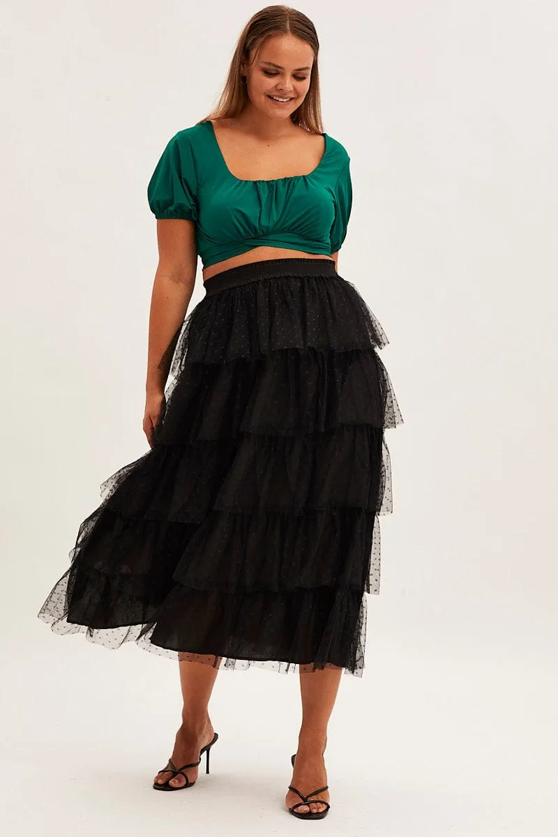 Black Midi Skirt Elastic Waist Mesh Ruffle Adjustable Waistband