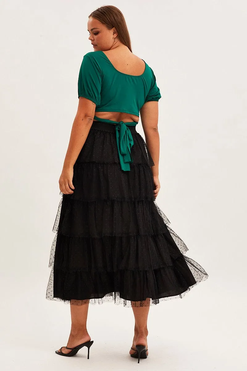 Formal Event Black Midi Skirt Elastic Waist Mesh Ruffle