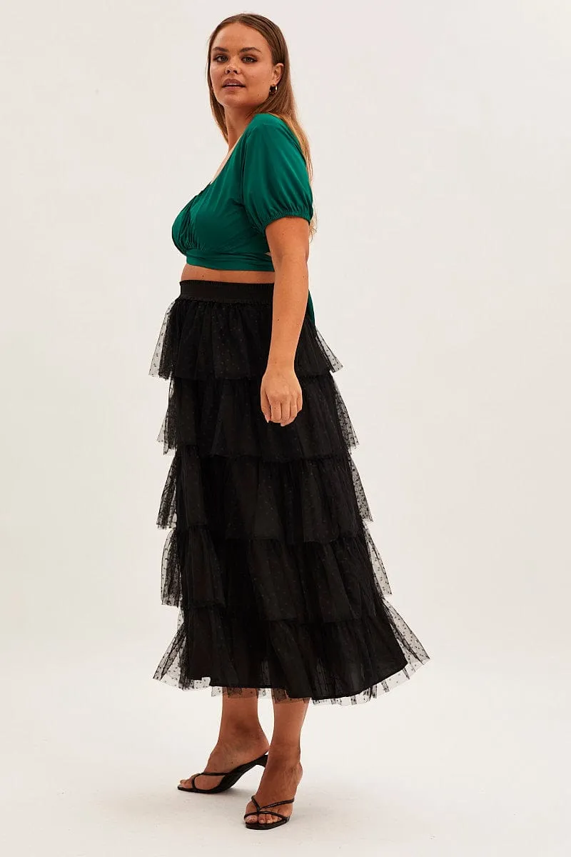 Two Tone Trim Sleek Comfort Black Midi Skirt Elastic Waist Mesh Ruffle
