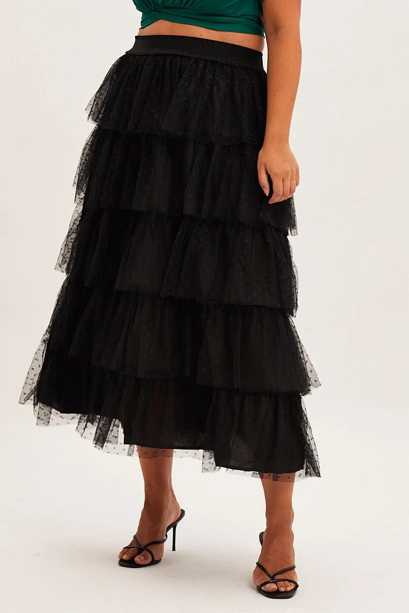 light feel Black Midi Skirt Elastic Waist Mesh Ruffle