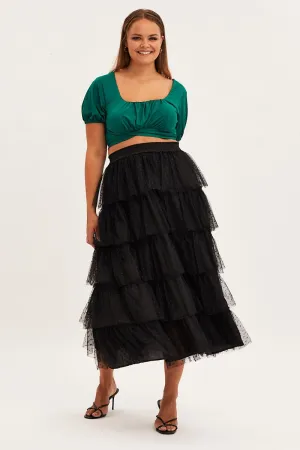 Black Midi Skirt Elastic Waist Mesh Ruffle Mix Culture