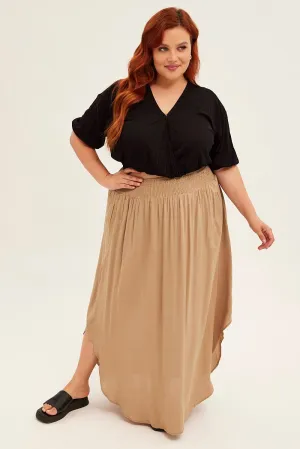 Green Maxi Skirt Shirred Waist Simple Style