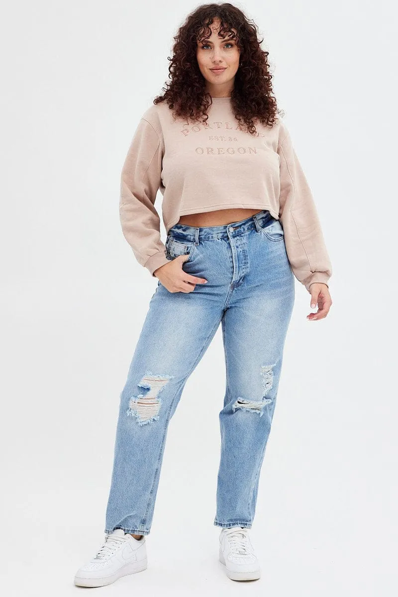 Pink Long Sleeve Portland Embroidered Semi Crop Sweater Timeless Wear