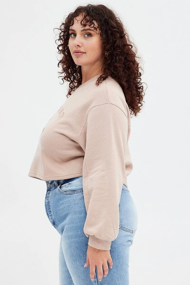 Core Minimal Pink Long Sleeve Portland Embroidered Semi Crop Sweater