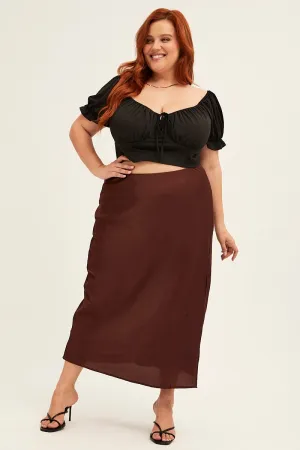 Smooth Finish Curvy Fit Brown Midi Skirt Elastic Waist Slit Satin