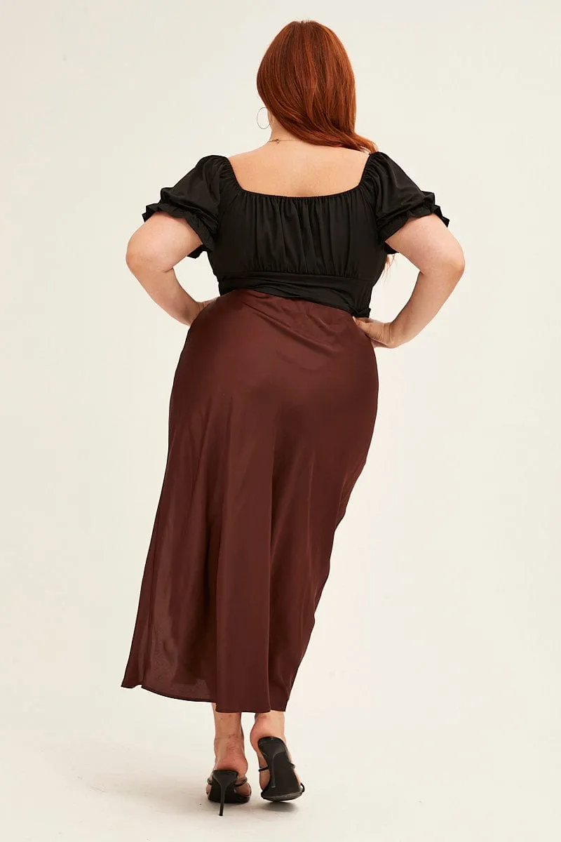 Brown Midi Skirt Elastic Waist Slit Satin Hidden pockets