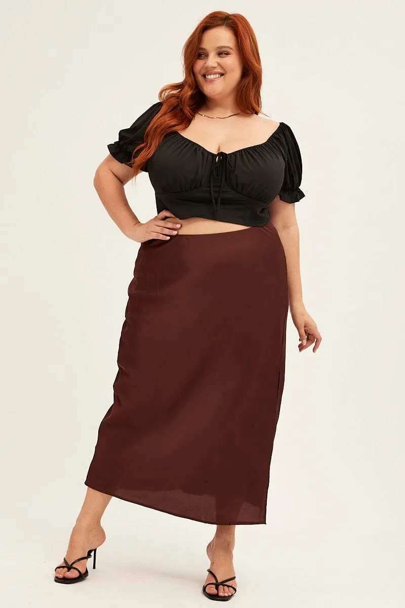 Smooth Finish Curvy Fit Brown Midi Skirt Elastic Waist Slit Satin