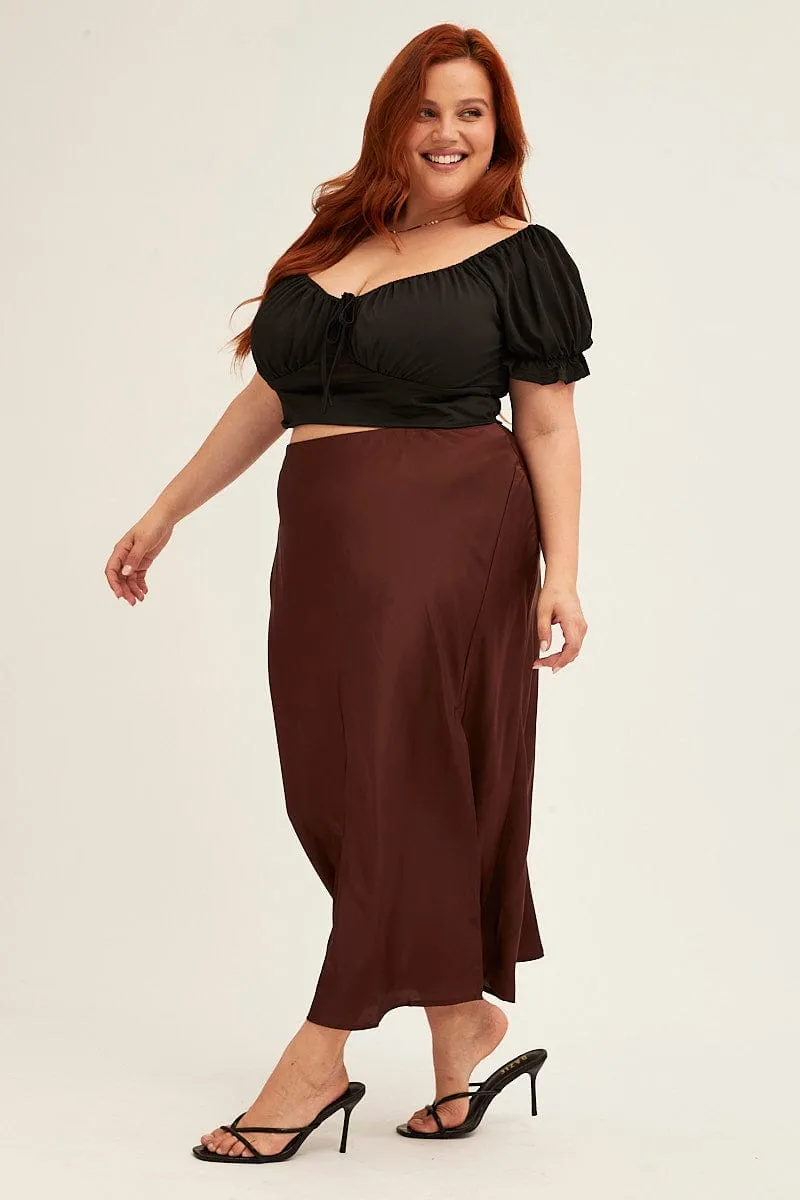 Cuffed hem Comfortable Feel Brown Midi Skirt Elastic Waist Slit Satin