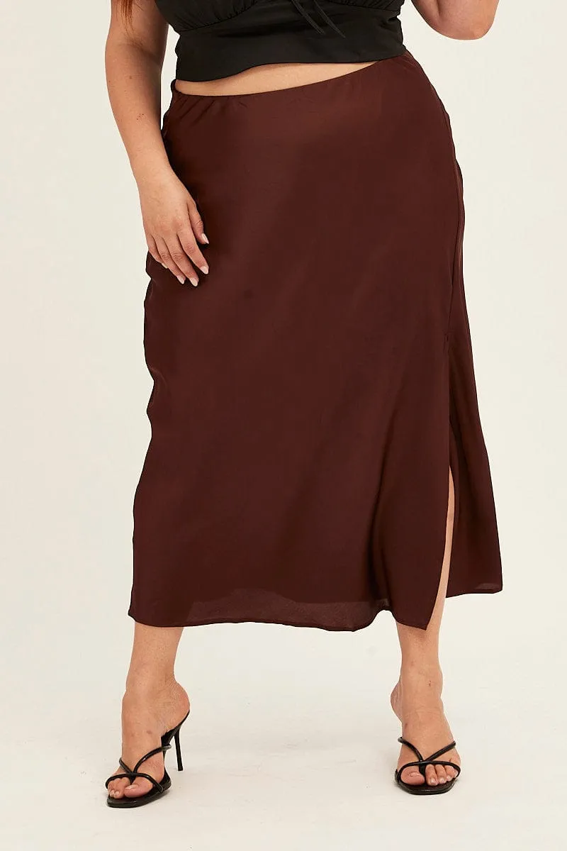 Brown Midi Skirt Elastic Waist Slit Satin Breezy Mood