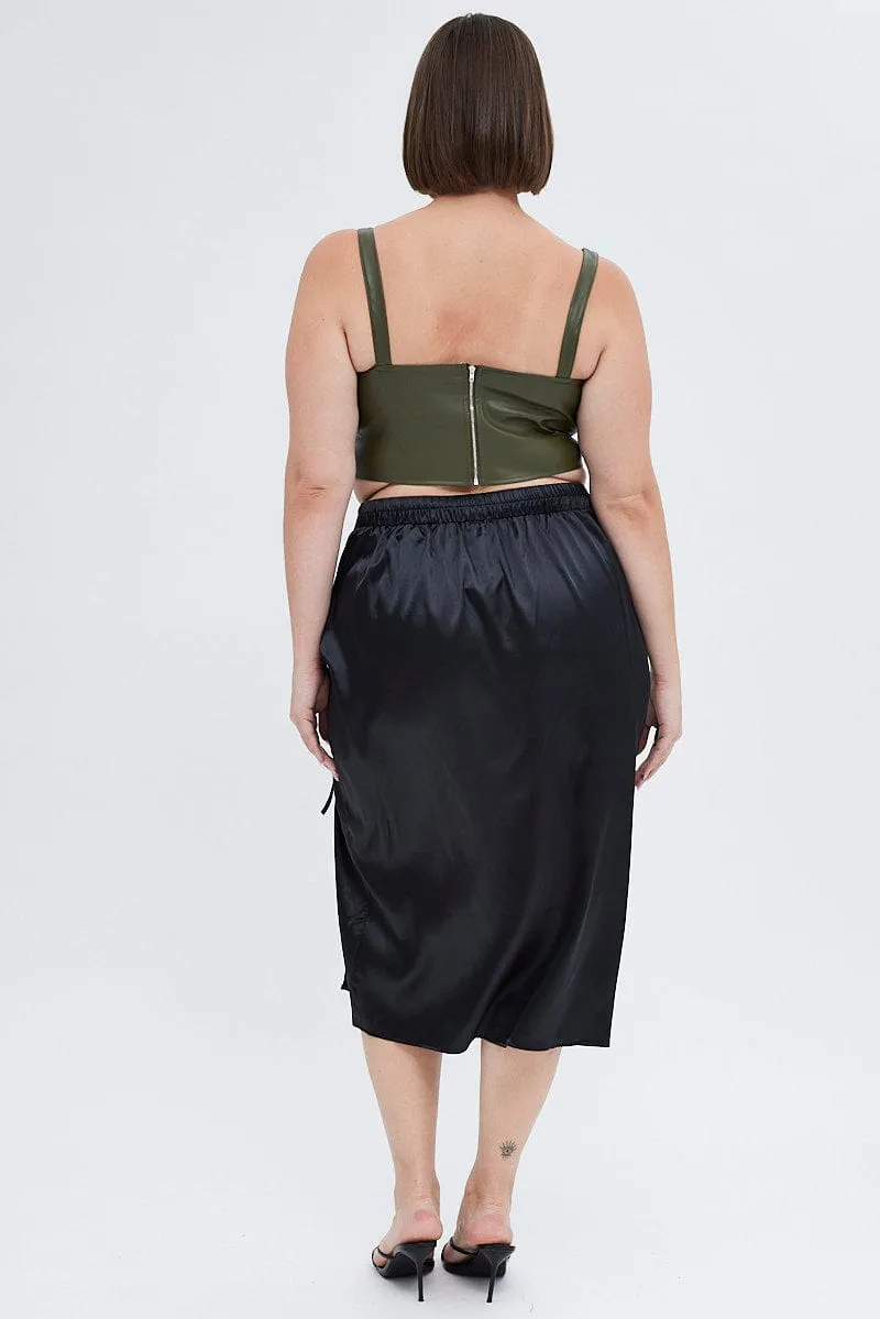 Black Midi Skirt Drawstring Satin Split Reinforced Hems