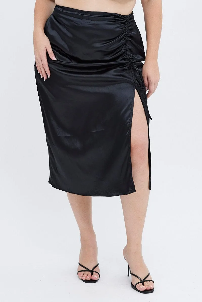 Black Midi Skirt Drawstring Satin Split Chic Fit Fitted Cut