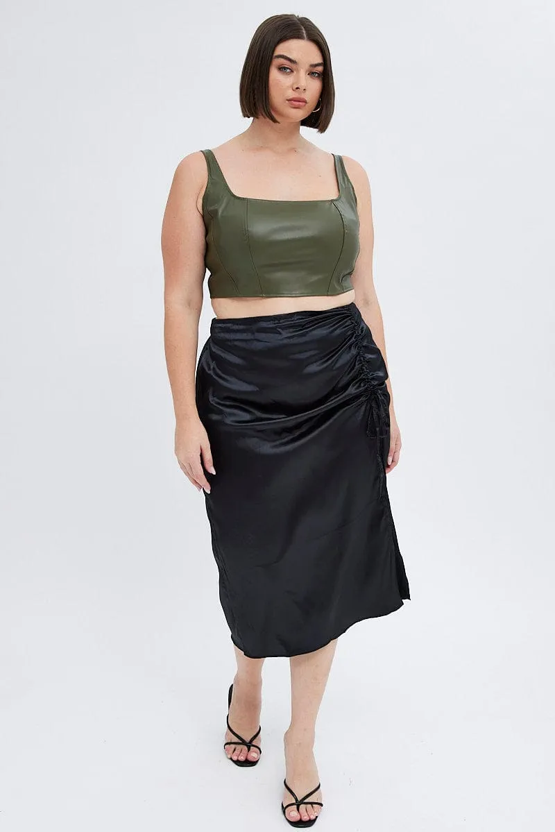 Black Midi Skirt Drawstring Satin Split Glossy Texture Sleek Appeal