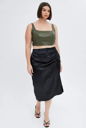 Black Midi Skirt Drawstring Satin Split Glossy Texture Sleek Appeal