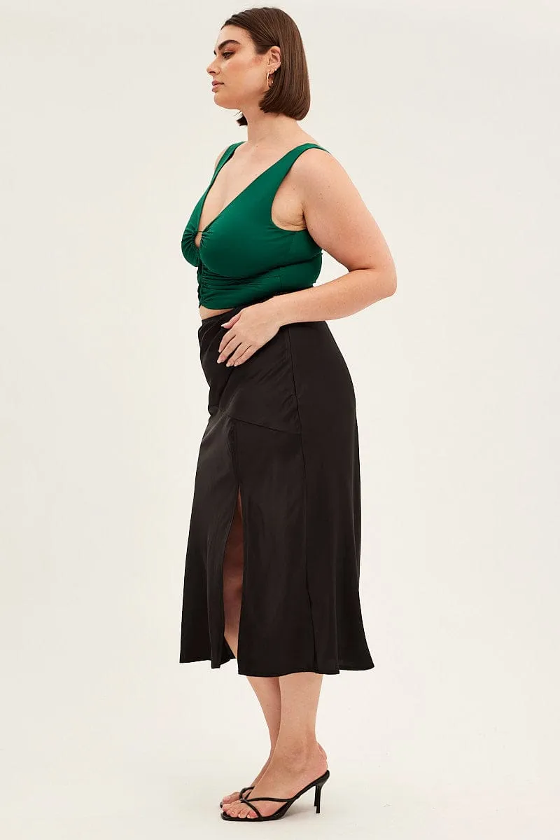 Urban Pulse Black Midi Skirt High Waist Split Satin