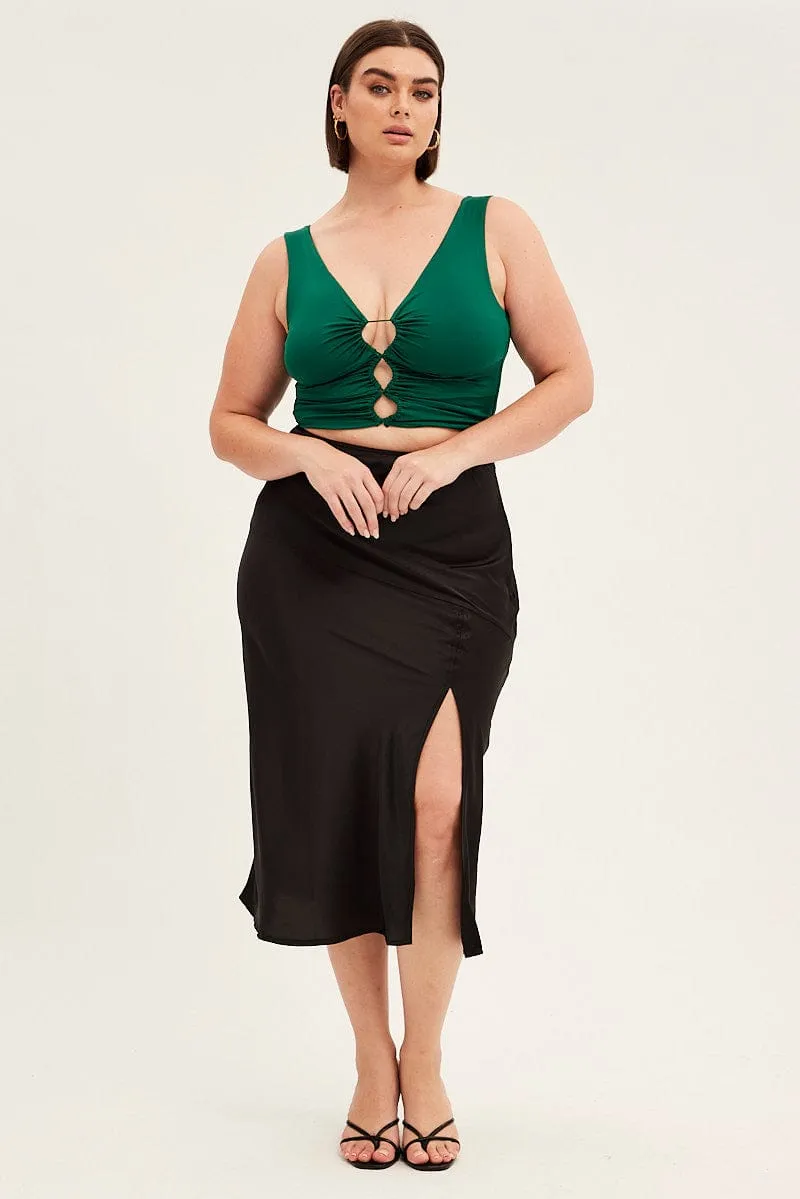 Faux Leather Black Midi Skirt High Waist Split Satin