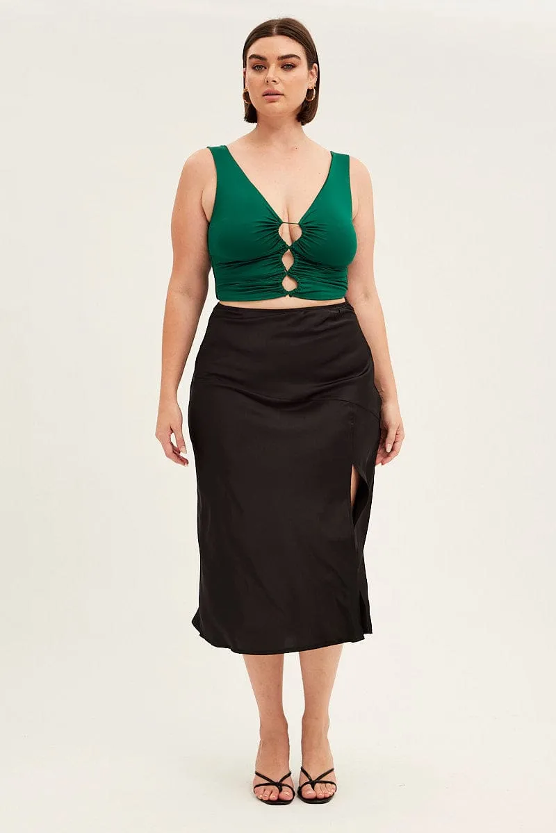 Black Midi Skirt High Waist Split Satin Easy Layer Neat Mood
