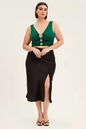 Faux Leather Black Midi Skirt High Waist Split Satin