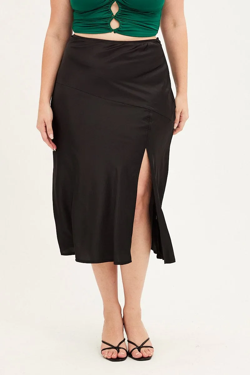 Black Midi Skirt High Waist Split Satin hypoallergenic material