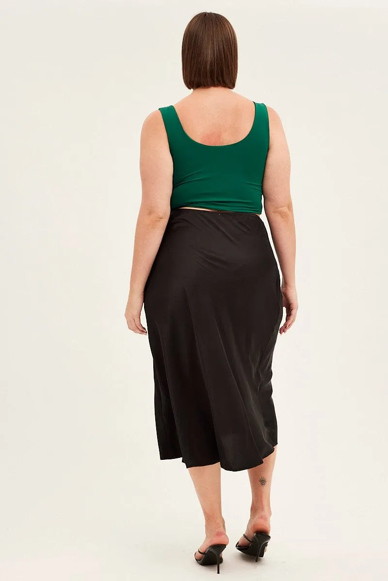 Statement Fashion Black Midi Skirt High Waist Split Satin