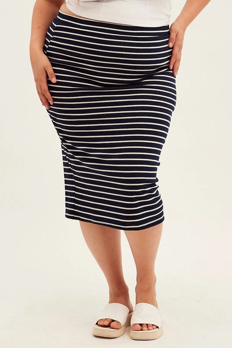 Blue Stripe Midi Skirt High Waist Aesthetic Look
