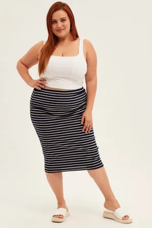 Blue Stripe Midi Skirt High Waist Fresh Fit