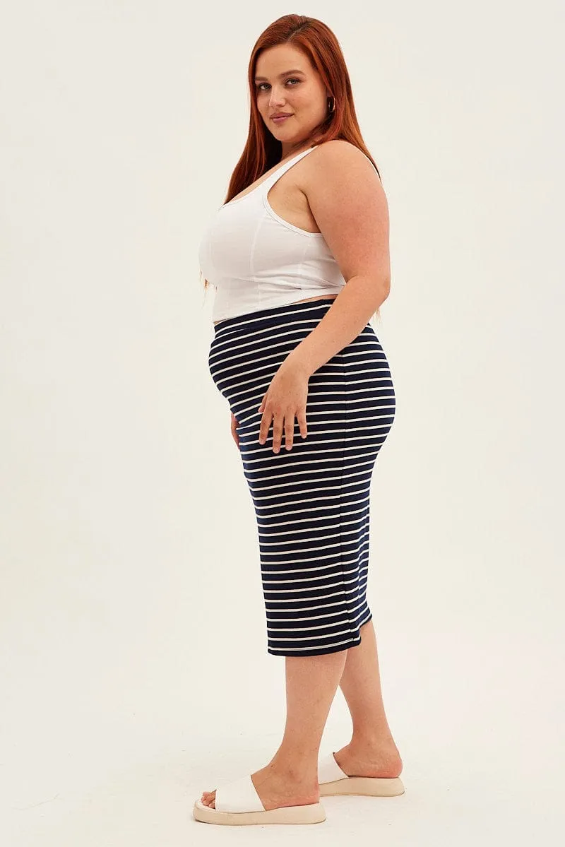 Blue Stripe Midi Skirt High Waist Tea length Statement Fashion
