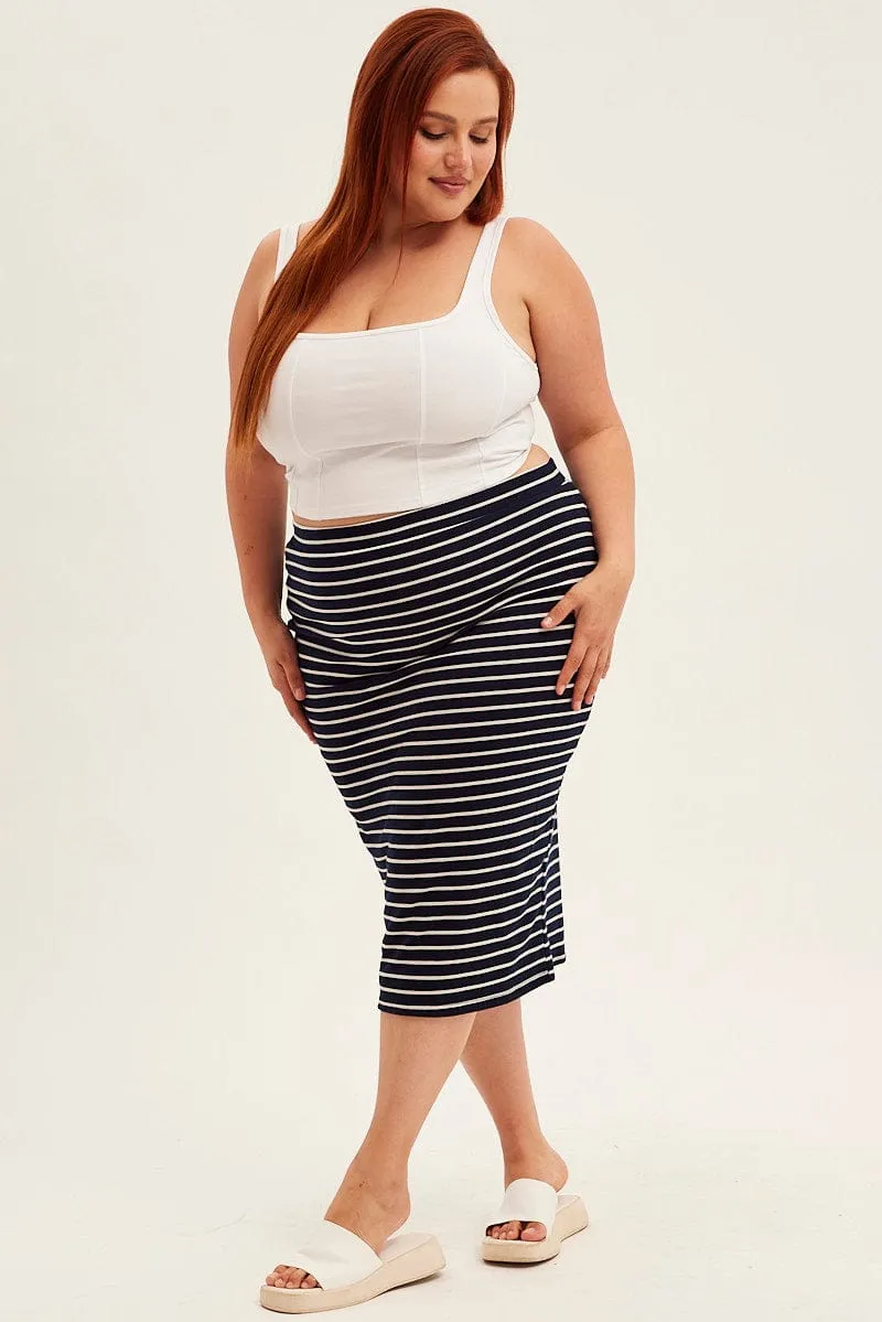 Blue Stripe Midi Skirt High Waist Reinforced Seams Effortless Wear