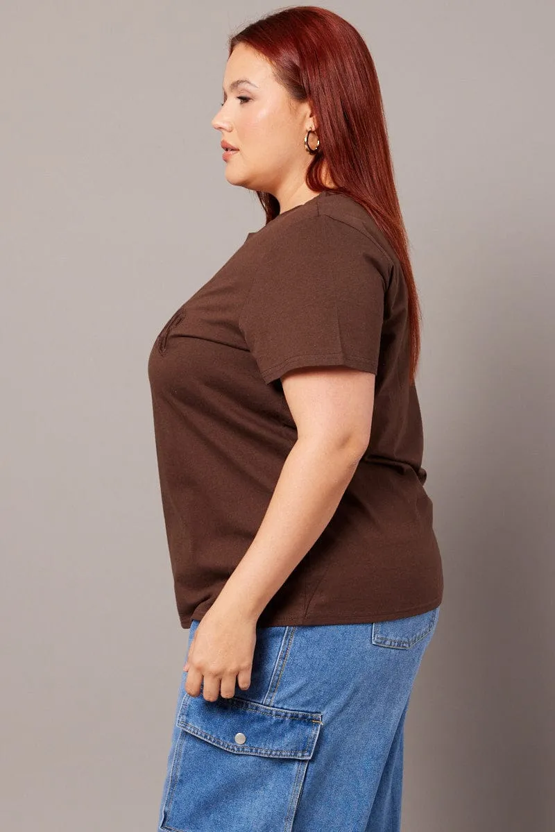 Brown Graphic T-shirt Short Sleeve Crew Neck Cool Layering Effortless Look