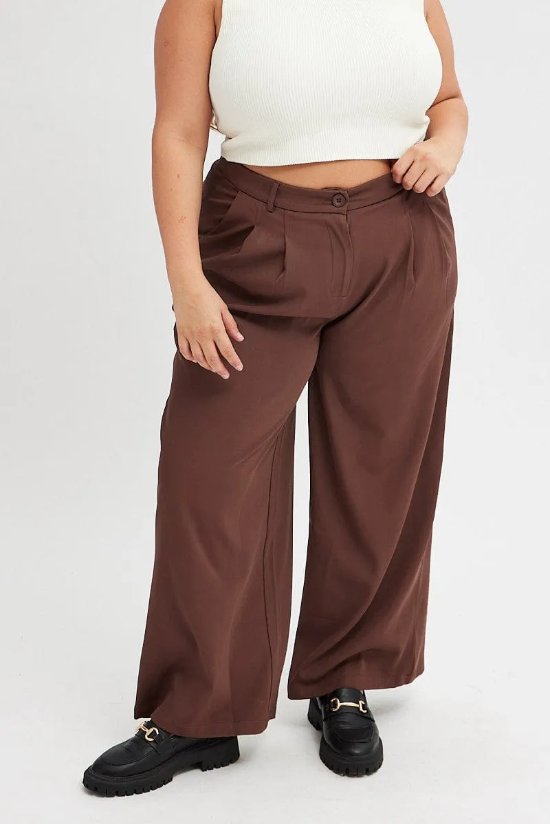Brown Wide Leg Pants High Rise Essential Wear