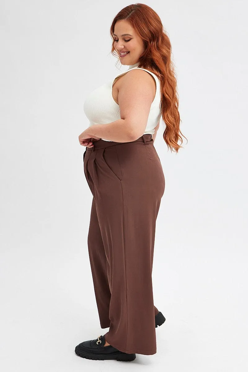 Flexible Wear Travel Fit Brown Wide Leg Pants High Rise