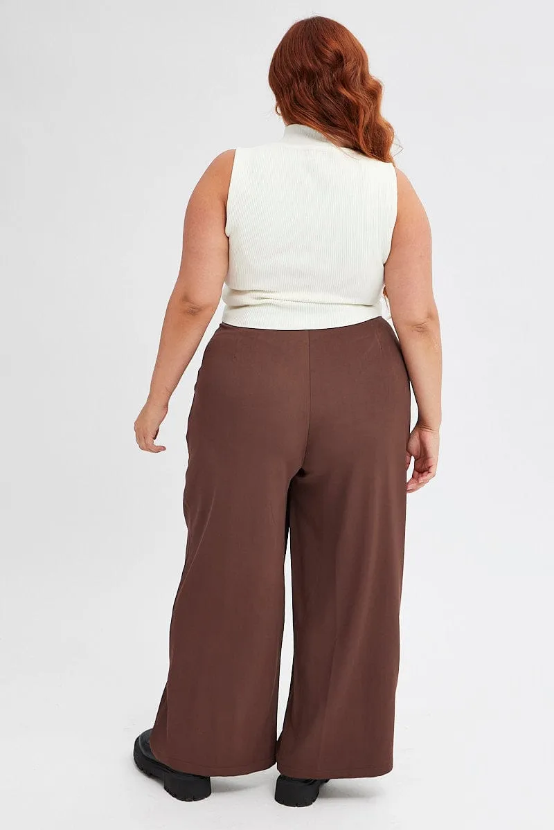 Brown Wide Leg Pants High Rise Comfort Design