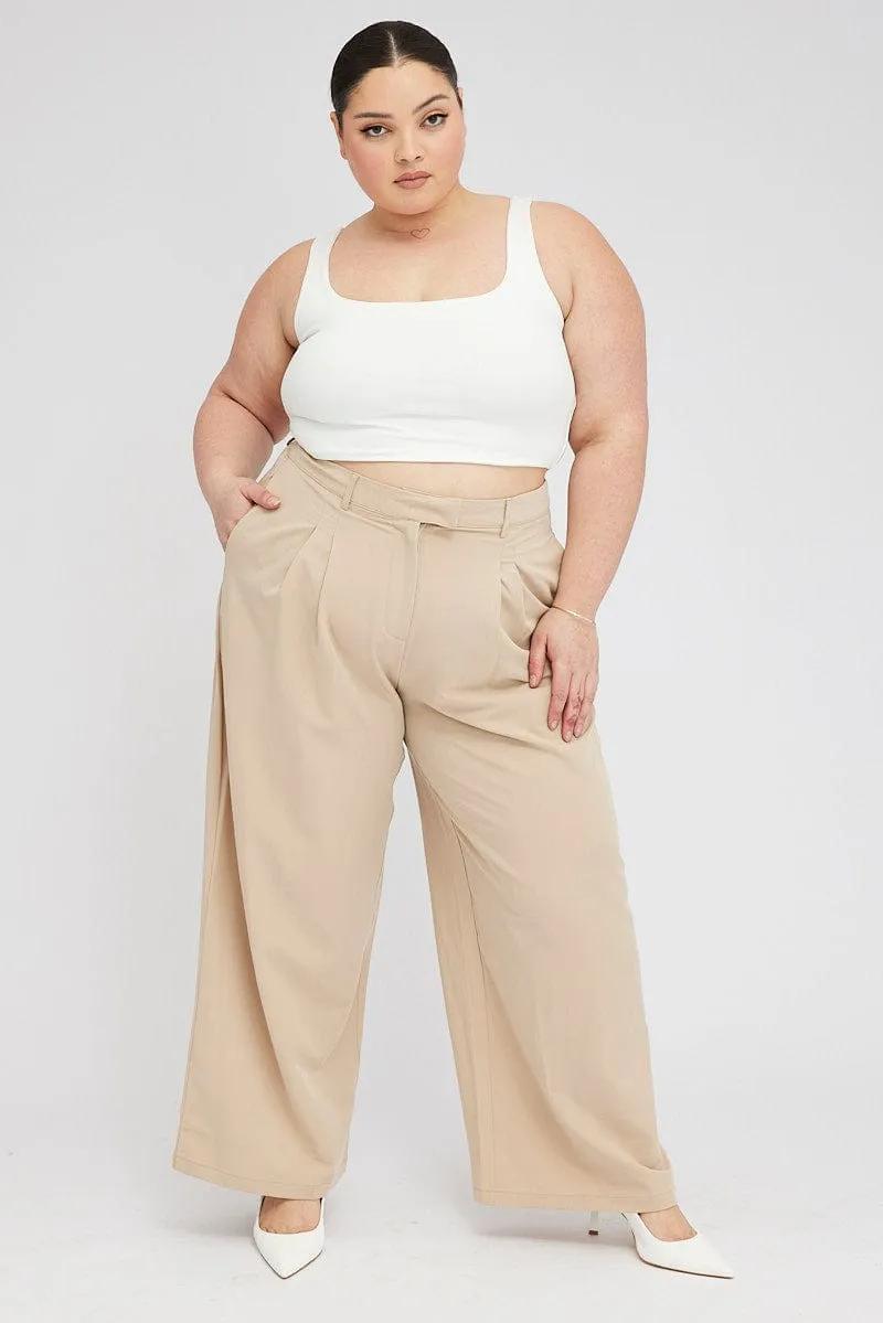 Beige Wide Leg Pants Tailored OdorResistantTreatment