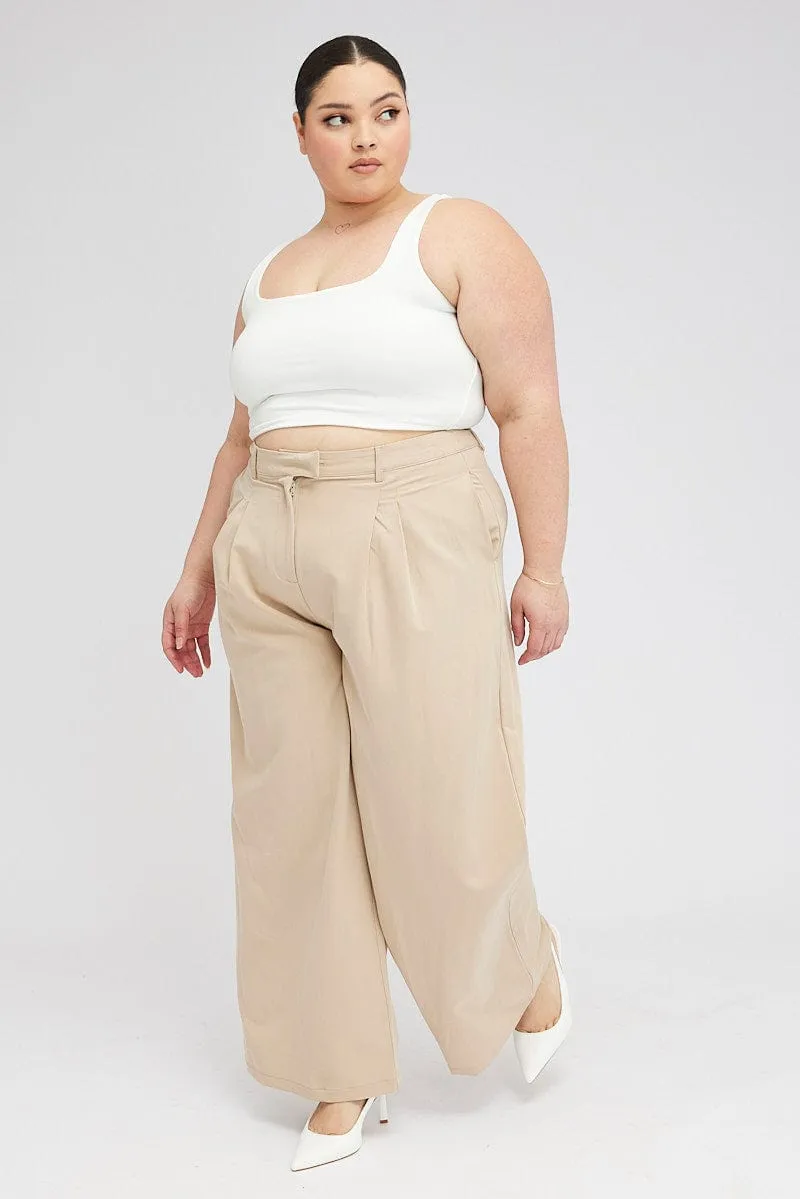 Beige Wide Leg Pants Tailored Structured Hemline