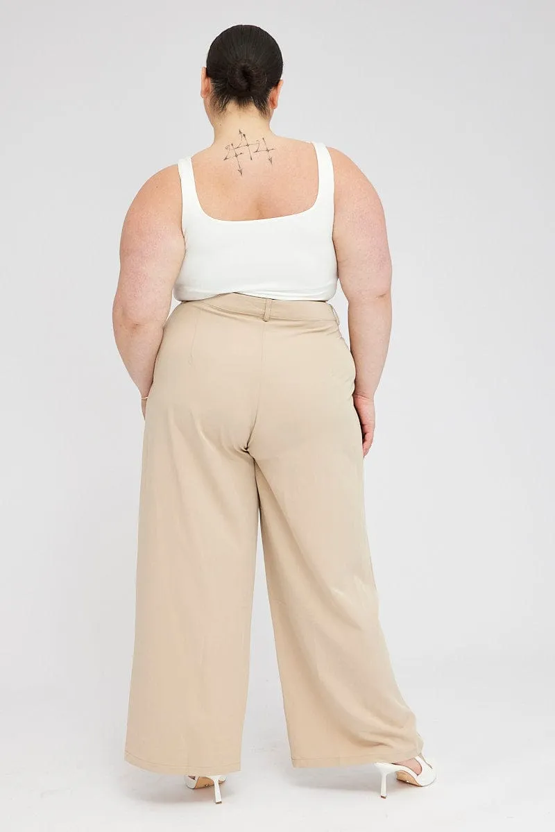 Beige Wide Leg Pants Tailored Comfy Wearable Active Comfort