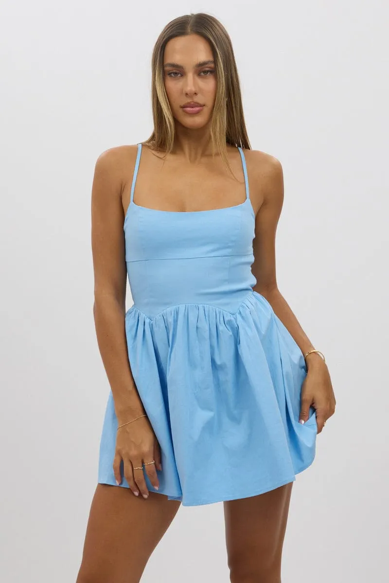 Summer Ready Yoke Back Construction Blue Fit And Flare Dress Mini