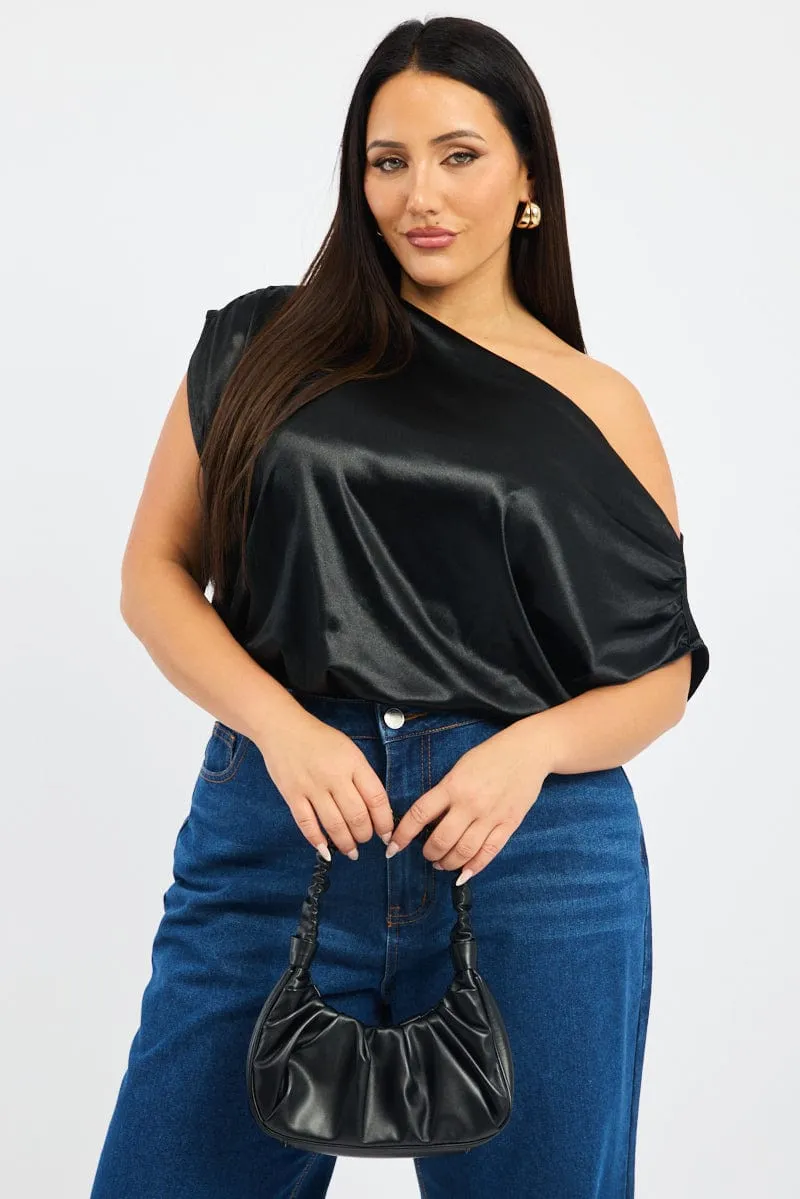 Black Bodysuit Sleeveless Stretch Satin Classic Shirt