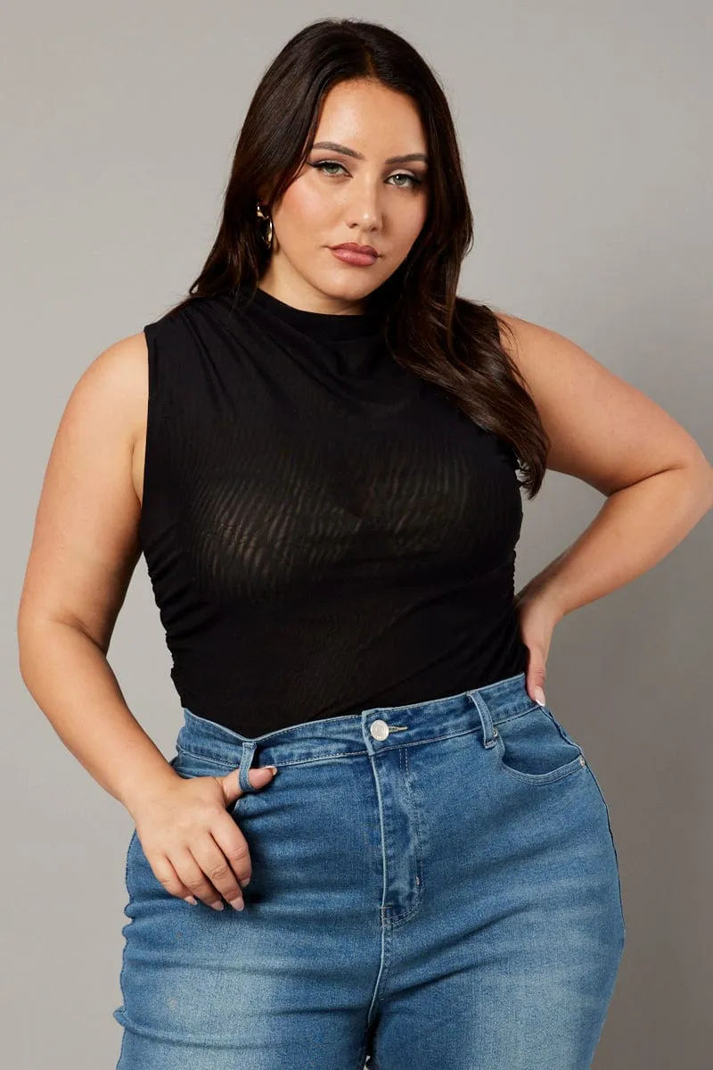 Relaxed trousers Black Mesh Tank Top Sleeveless Mock Neck Ruched
