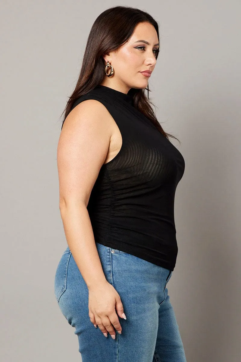 AntiBacterialTreatment Black Mesh Tank Top Sleeveless Mock Neck Ruched