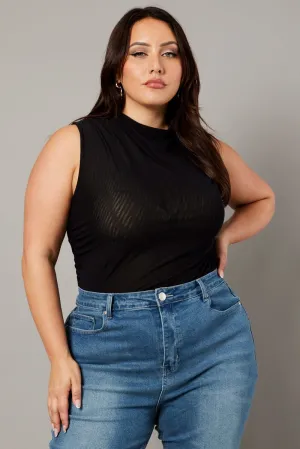Winner Vibe Black Mesh Tank Top Sleeveless Mock Neck Ruched
