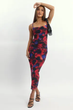 Multi Floral Bodycon Dress Mesh Maxi Permanent Crease