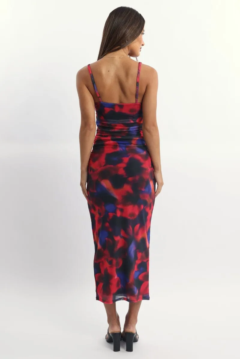 Smart Look Reinforced Stitching Multi Floral Bodycon Dress Mesh Maxi